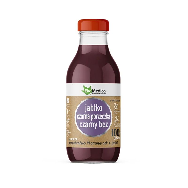 Jabłko, czarna porzeczka, czarny bez 300 ml sok 100% smaku Jabłko, czarna porzeczka, czarny bez 300 ml sok 100% smaku