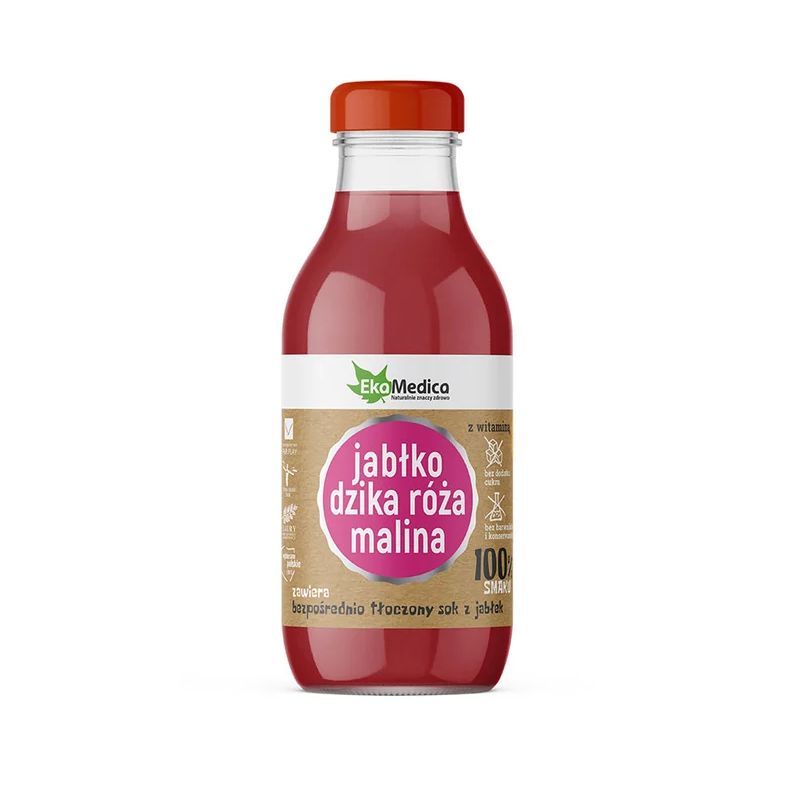 Jabłko, dzika róża, malina 300 ml sok 100% smaku