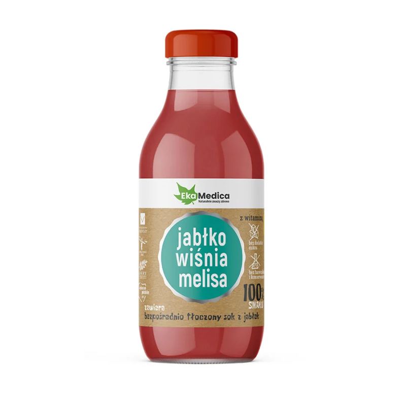 Jabłko, wiśnia, melisa 300 ml sok 100% smaku Jabłko, wiśnia, melisa 300 ml sok 100% smaku